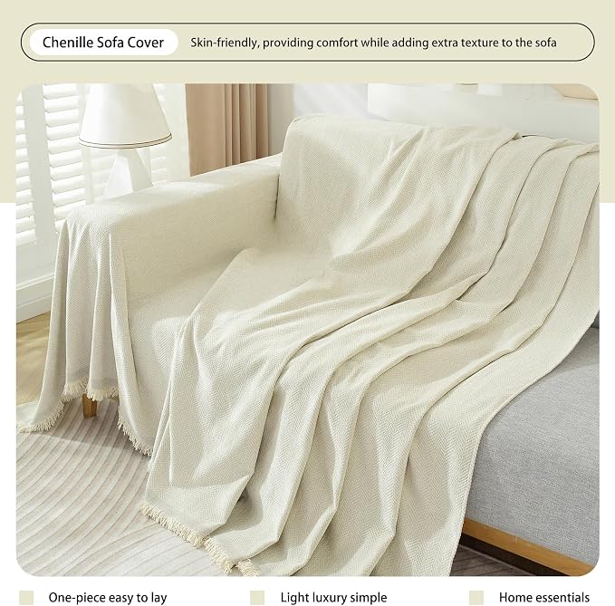DREAMINGO Modern Minimalism Cream White Couch Cover Sectional Sofa Covers for 3 Cushion Couch Washable Chenille Pet Couch Protector for Dogs Boho Herringbone Sofa Furniture Slipcover, 71"x150" - Image 3