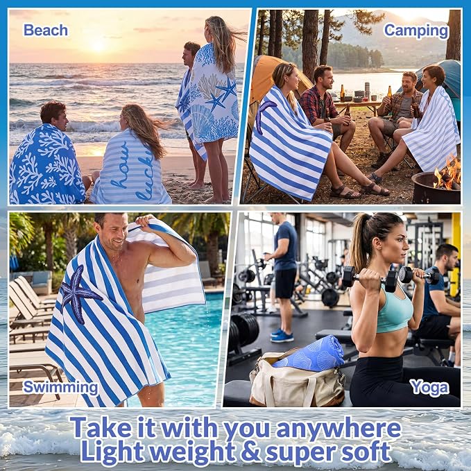 Frienda 12 Pack Coastal Ocean Seashell Beach Towels 71''x 32'' Large Microfiber Quick Dry Absorbent Bath Towels for Swimming Pool Beach Cruise Travel Gym Supplies - Image 6