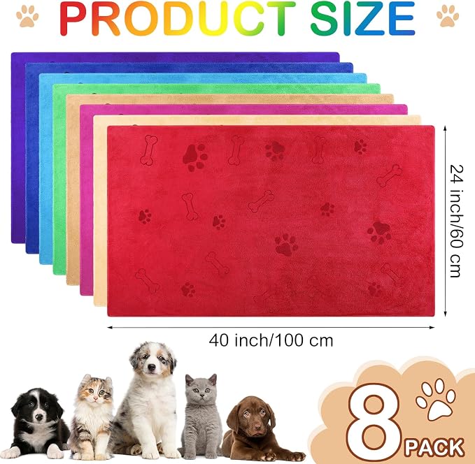 Chumia 8 Pcs Microfiber Dog Towels for Drying Dogs Cats 40 x 24 Inch Pet Towels Bulk for Large Puppy Absorbent Fast Drying Paw Bath Bathing Supplies for Pets(Dog Paw and Bone,Bright Color) - Image 2
