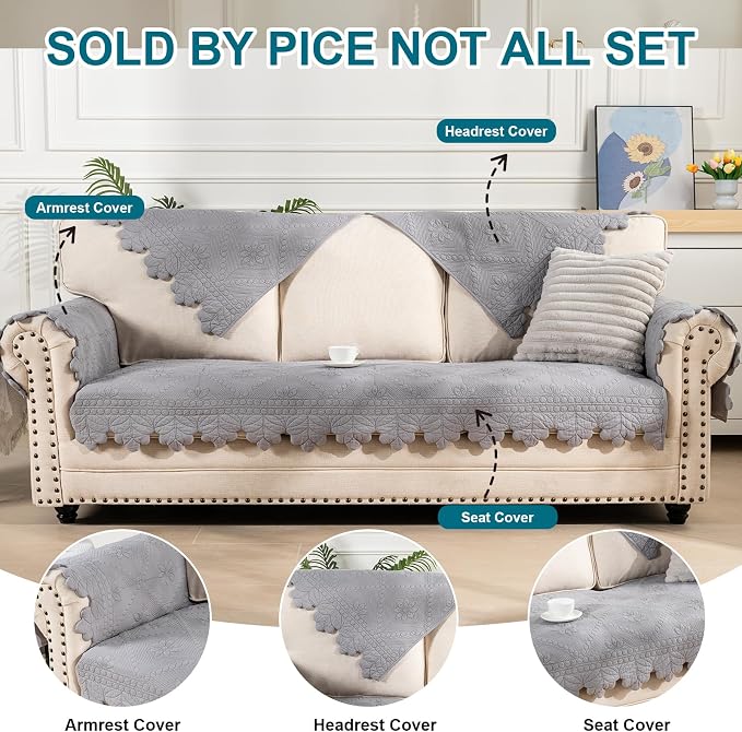 KRFOONN Cotton Quilted Dog Couch Cover for Sofa (Grey, 27.6" x 70.9") | Farmhouse Embroidery Sectional Couch Cover Washable, Soft Non Slip Sofa Slipcover Cushion Furniture Protector for Kids, Pets - Image 5