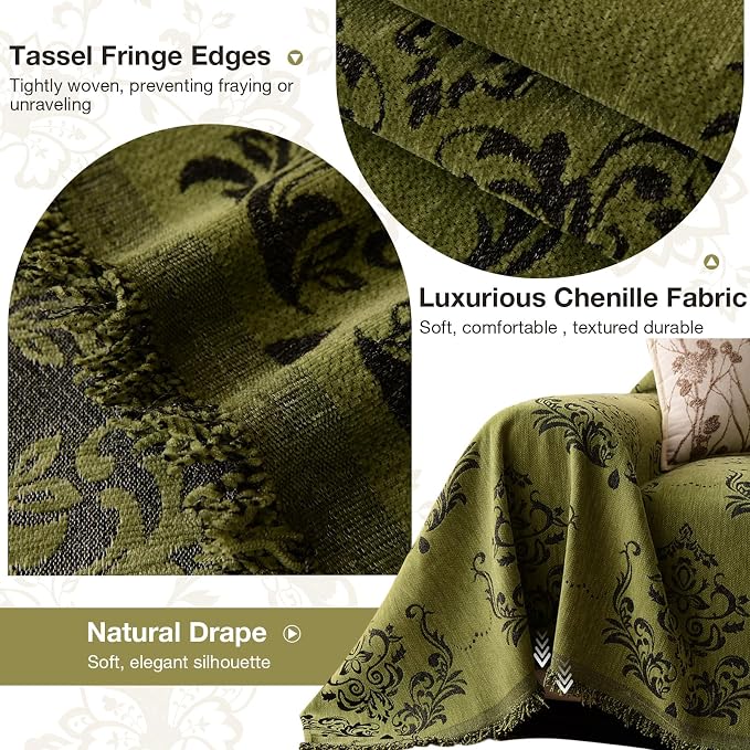 STACYPIK Vintage Floral Sofa Cover, Soft Reversible Couch Cover for Dogs | 71x134IN, Green, Tassel, Tear Resistant, Pet Friendly, 3 Cushion Couch/Sectional, Versatile Jacquard Chenille Couch Protector - Image 2
