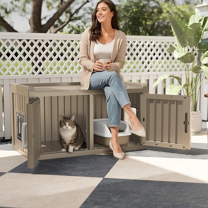 Cat Litter Box Enclosure Resin Hidden Cat Litter Box Furniture Multi-Functional Double Door Spacious Odorless Waterproof UV-Resistant Indoor Outdoor Use Grey - Image 7