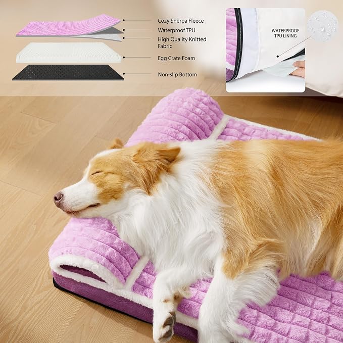 Orthopedic Large Dog Bed Pillow Pet Sofa Bed 42''X28'' Lilac | Egg-Crate Foam Pet Couch Large Sized Dog, Waterproof Removable Washable Cover,Furry Puppy Crate Mat With Nonskid Bottom - Image 3