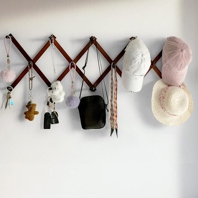 SKOLOO Hat Rack for Wall with 14 Hooks, Solid Wooden, Modern, Expandable Coat Rack Wall Mount for Coats, Hats, Bags, Baseball Caps, Cherry Red - Image 3