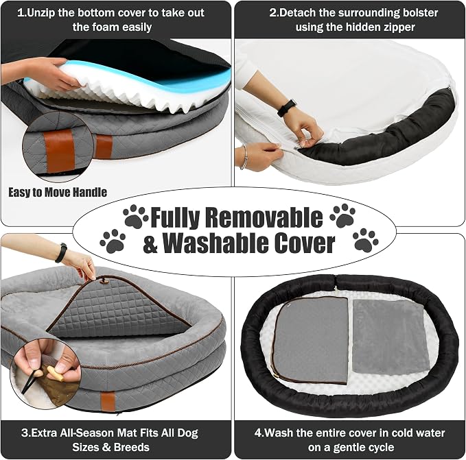 Large Dog Bed with Reusable Potty Pad - 44.1" x 32.3" x 6.3" Dark Gray Bolster Pet Bed with Soft Plush Surface and Zippered Cover for Large Dogs - Image 8