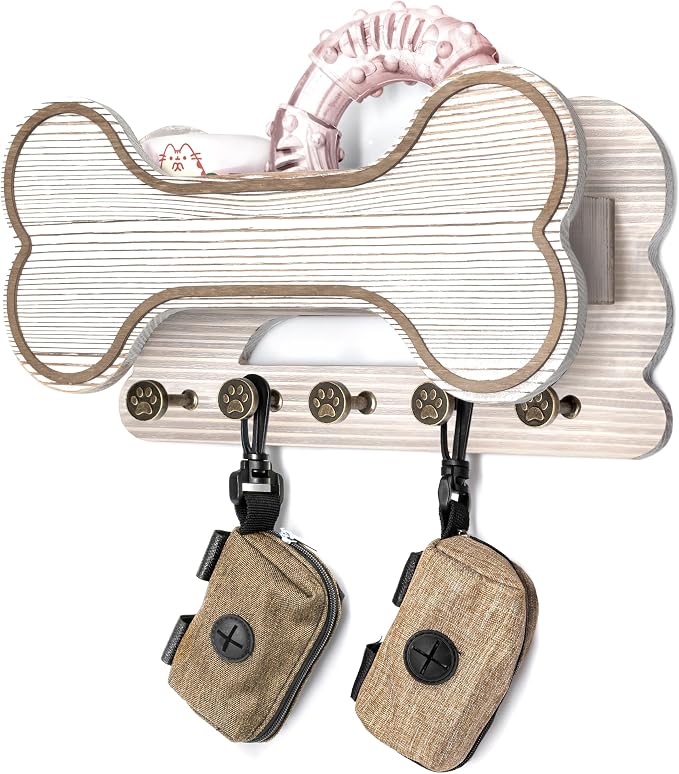 Decorative Dog Leash Holder for Wall - Creative Doggie Bone Shape Key Holder Wall Mount with Dog Stuff Storage Shelf & 5 Cute 3D Puppy Paw Hooks - Ideal for Room Decor (White) by MTERSN