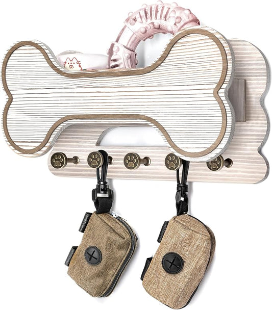 Decorative Dog Leash Holder for Wall - Creative Doggie Bone Shape Key Holder Wall Mount with Dog Stuff Storage Shelf & 5 Cute 3D Puppy Paw Hooks - Ideal for Room Decor (White) by MTERSN