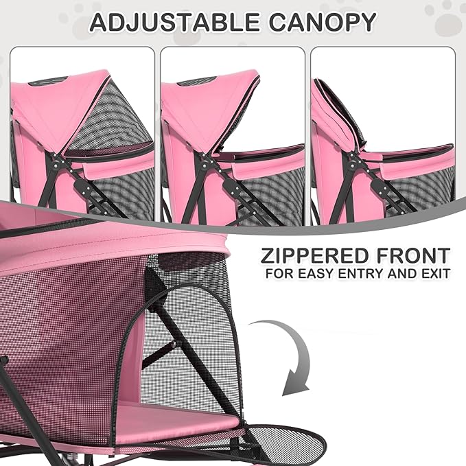 MoNiBloom 4 Wheels Pet Stroller, Easy-Fold Puppy Cage Jogger Stroller with Sun Cover, Pad and Rear Storage Bag, Breathable and Visible Mesh for Small/Medium Pets up to 22 lbs, Pink