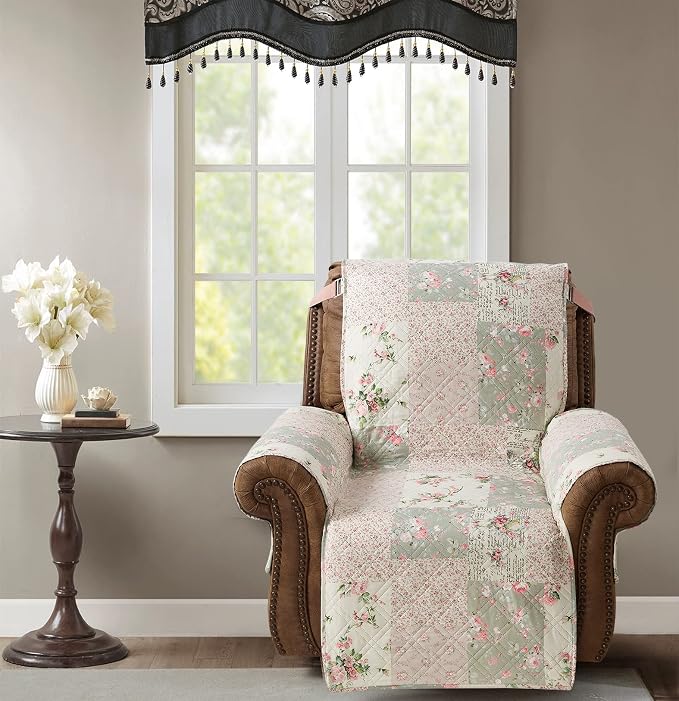 Brilliant Sunshine Rose and Sage Couch Recliner Cover, 26" seat | Traditional Patchwork Design, Non Slip Sofa Cover, Quilted Furniture Protector, Washable Reclining Chair Slipcover for Pets - Image 2