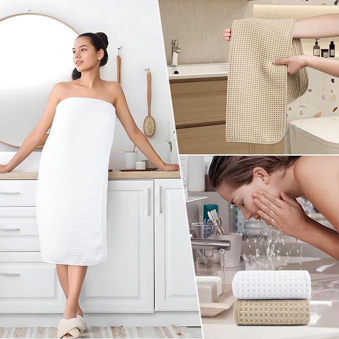 POLYTE 430 GSM Microfiber Quick Dry Lint Free Oversize Bath Towel Set, 6 Piece (Waffle Weave) - Image 6