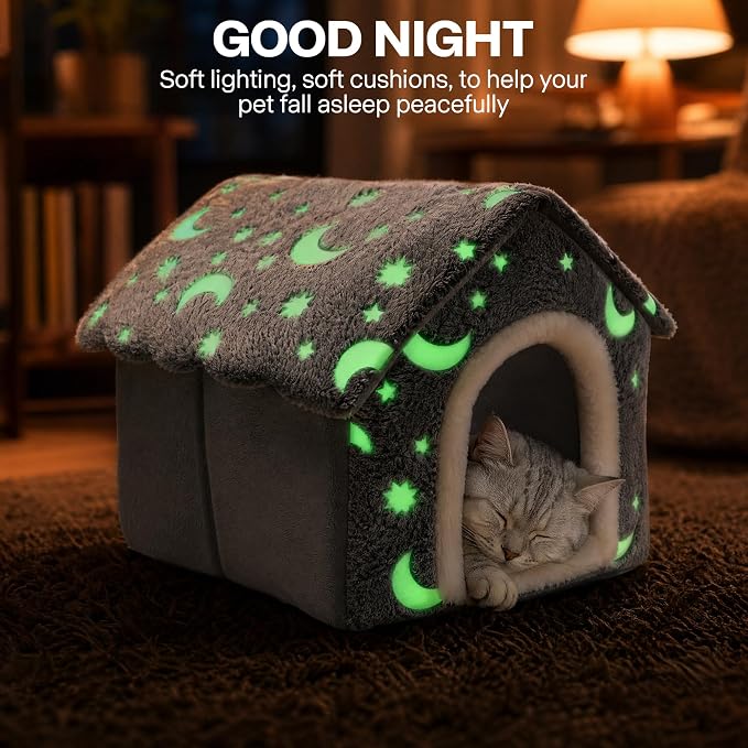 PAWISE Luminous Cat Bed Indoor, Foldable Dog House Tent with Glowing Stars Moon, Soft Warm Puppy Cave Nest for Small Dogs Cats, Washable Pet Hut (15.7"x14.5"x13.5") - Image 2