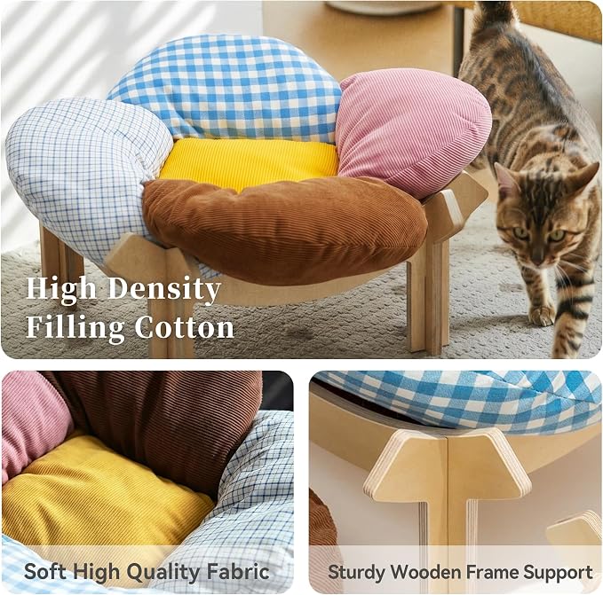 PACHIRA Elevated Cat Bed Wooden, Cat Couch Fluffy, Cat Sofa Flower for Indoor Cats, Raised Cat Bed with Washable Fluffy Cushion and Birch Wood, Cat Chair for Kitty and Puppy, Cat Furniture (Colored) - Image 4