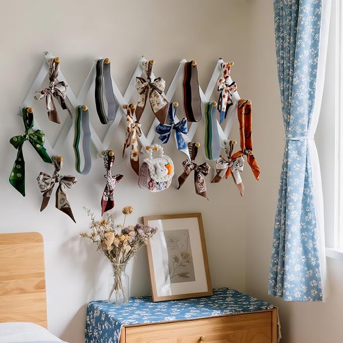 SKOLOO Accordion Wall Hanger with 16 Hooks, Modern Expandable Coat Rack Hat Rack for Wall, Solid Wooden, Natural on White - Image 3