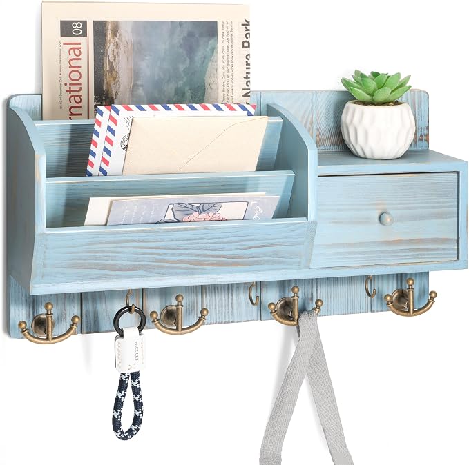Rebee Vision Key Holder Wall Mount for Room Decor, Distressed Blue | Pine Wood Mail and Key Organizer for Wall, with 7 Hooks, Drawer Organizer, Ideal Storage Solution for Home Improvement by REBEEVISION