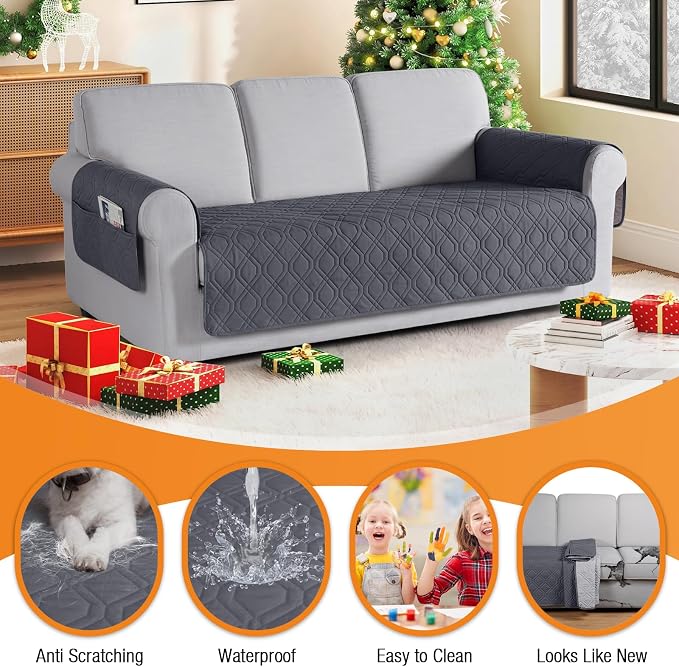 VANSOFY Waterproof Couch Cover for Pets, Dark Gray, 72.4" | Non-Slip, Washable, Utility Pockets, Pet Friendly, Furniture Protector Slipcover for 3 Cushion Plus Couch - Image 4