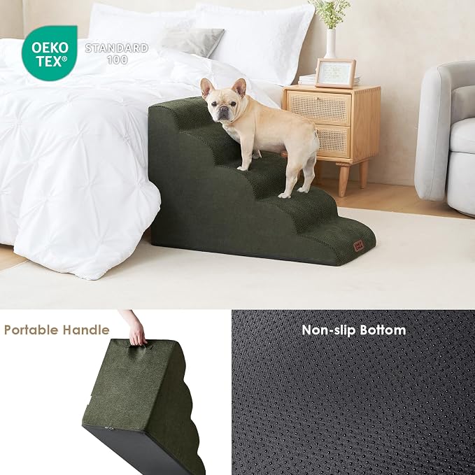 EHEYCIGA Curved Dog Stairs Ramp for High Beds 22.6" H, 5-Step Dog Steps for Small Dogs and Cats, Pet Stairs for High Bed Climbing, Non-Slip Balanced Pet Step Indoor, Military Green - Image 5