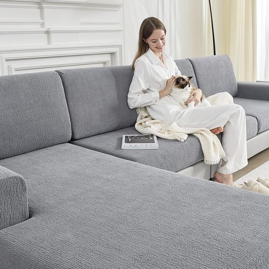 Couch Cushion Covers Sectional Couch Covers Stretch Washable Soft Seat Cushion Covers Furniture Protector Sofa Slipcovers for Pets(Light Grey,3 Pieces Seat Covers or Back Covers) by Jialudora
