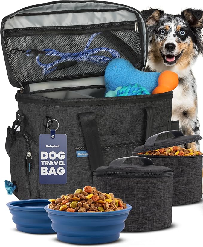 Rubyloo Original Doggy Bag™ Dog Travel Bag for Supplies with Travel Bowls | 2 BPA-Free Collapsible Bowls, 2 Pet Food Containers, TSA-Ready, Road Trips, Camping, Weekend Getaways, Doggy Gift, Charcoal by Rubyloo