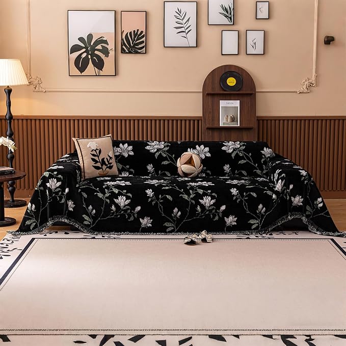 STACYPIK Vintage Botanical Floral Couch Cover Garden Floral Black Jacquard Sofa Covers for 2 Cushion Couch Pet-Friendly, Textured Couch Covers for Dogs Protector Throw Slipcover Blanket-71X118IN by STACYPIK
