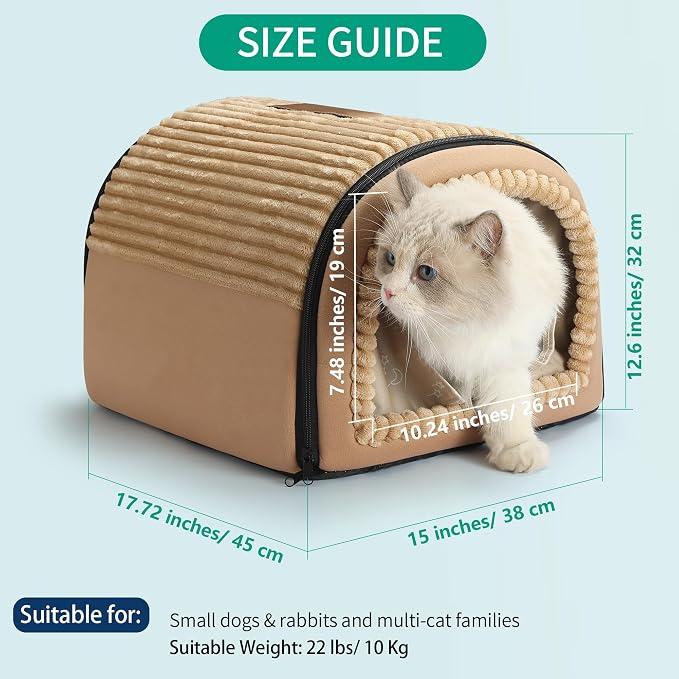Smart Heated Cat Bed Cave Pet House for Indoor Cats & Small Dogs, Washable & Foldable with Removable Cushion, 17.72x14.96x12.6 inches, Brown - Image 6