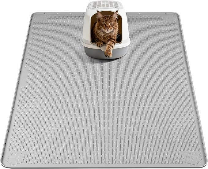 Silicone Cat Litter Mat for Litter Box 40”x40” Large Cat Mat, Light Grey | Waterproof, Non-Slip, Leak-Proof Rug Mat with Lip, Easy to Clean, Extra Large Litter Catcher Mat for Floor by Bartuke