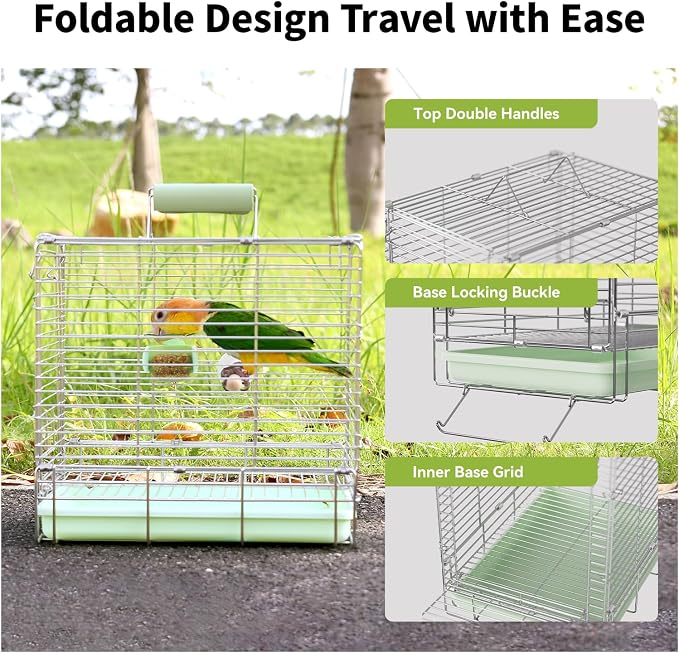 Bird Carrier Travel Cage - 304 Stainless Steel Portable Folding Bird Travel Cage with Parrot Feeder Cups & Standing Perch for Smaller Birds Conures Lovebird Cockatiel Parakeets (Green) - Image 5