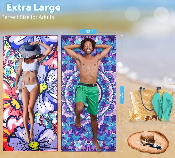 2 Pack Microfiber Oversized Lightweight Beach Towel 71"x32" XL Extra Large Thin Sand Free Towels Travel Swim Pool Yoga Gym Camping for Adults Women Men Beach Essentials Accessories Vacation Gift - Image 3