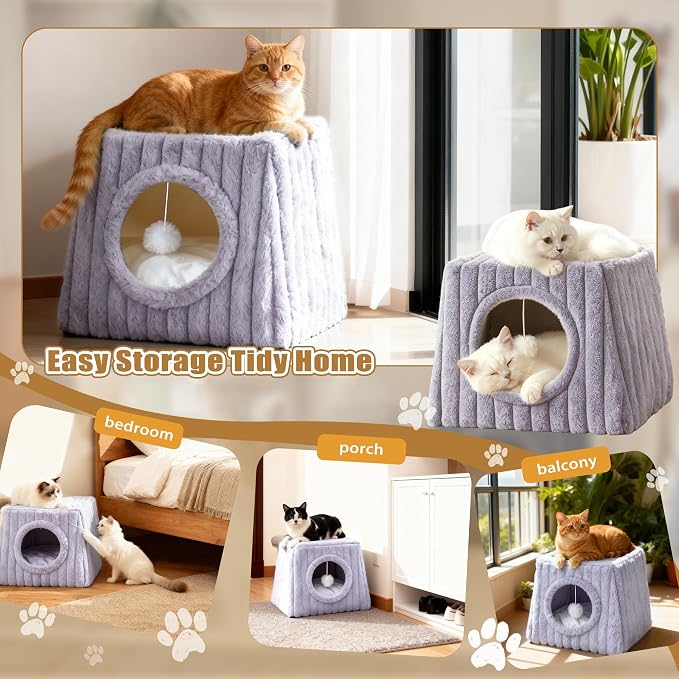 Indoor Cat House - Large Cat Cave Bed with Fluffy Balls, Foldable Cat Bed Cave and Apartment with Pads, Suitable for Multiple Small and Large Cats, 15.74x15.74x13.38 inches(Grey, Large) - Image 7