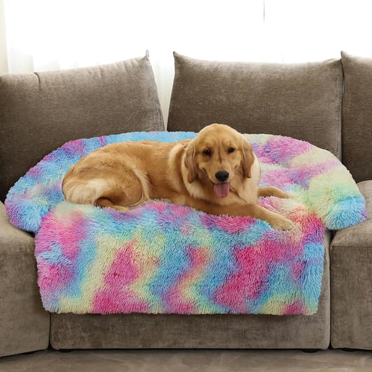 GGIB Calming Dog Bed Fluffy Plush Dog Mat for Furniture Protector with Removable Washable Cover for Large Medium Small Dogs and Cats (Extra Large (53x39.3x6), Rainbow) by GGIB