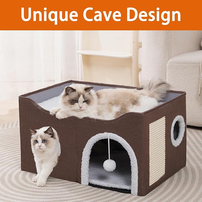 Loyareal Cat Houses for Indoor Cats - Large Cat Bed Cave with Scratch Pad and Fluffy Ball, Foldable Cat Condo Hideaway with Reversible Cushion for Multi Small Pet，Brown - Image 5