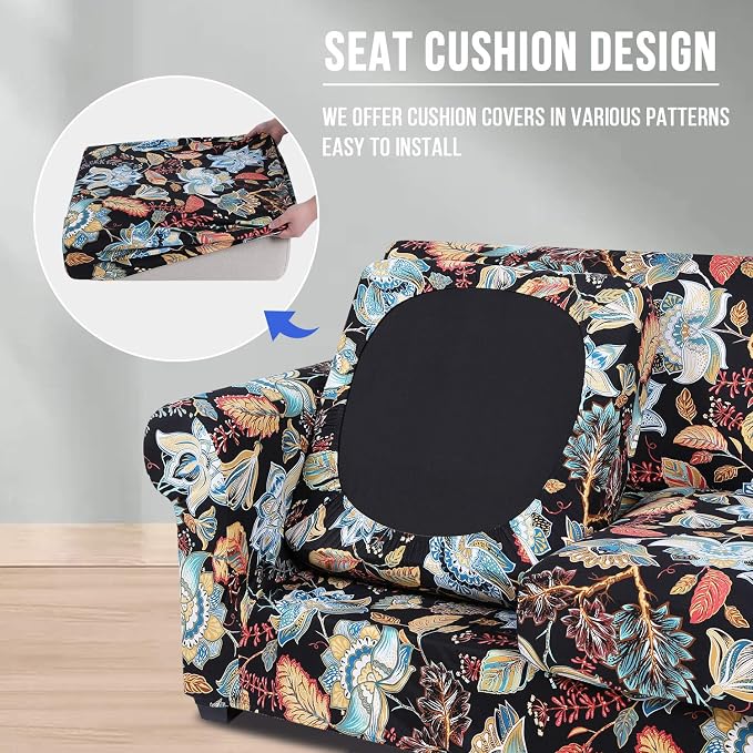 hyha Stretch Couch Cover, Sofa Covers for 2 Separate Cushion Couch Washable | Loveseat Cover, Floral Pattern, Printed, 3 Pieces, 2 Seater Furniture Protector with Elastic Bottom for Dogs, Pet Friendly - Image 2