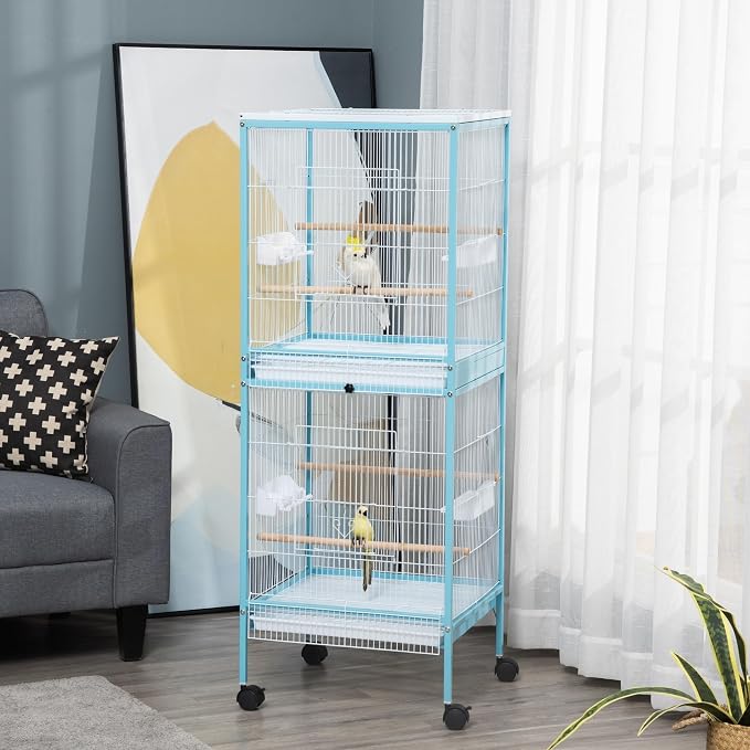 PawHut Large Bird Cage 1.7 ft. Width for Wingspan 55", Light Blue | Bird Aviary Indoor, Multi-Door Design, Fit for a Canary, Finch, Conure - Image 2
