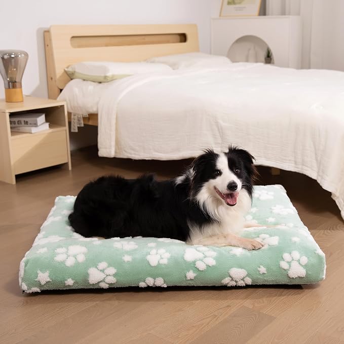 Cute Fluffy Dog Beds for Extra Large Dogs, 41"x 28", Green Paw | Thick Dog Bed for Crate Kennel, Pet Bed with Removable Washable Cover, Anti-Slip Bottom - Image 2