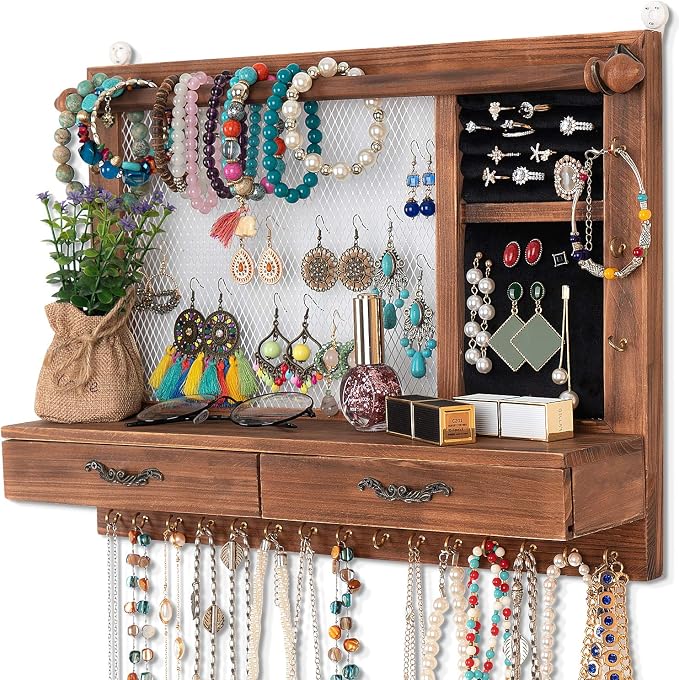 Jewelry Wall Organizer Wall Mounted | Jewelry Hanger Display Rack with Drawers for Earring/Stud/Ring/Necklace/Bracelets Accessories Bangles Holder Girls Gift - Image 5