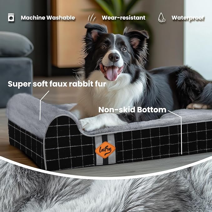 Laifug Orthopedic Dog Beds for Large Dogs,4.5" Memory Foam Dog Beds,Durable Water Proof Liner Removable and Washable, Nonskid Bottom, Black Grid Gray 46"x28"x8" - Image 3