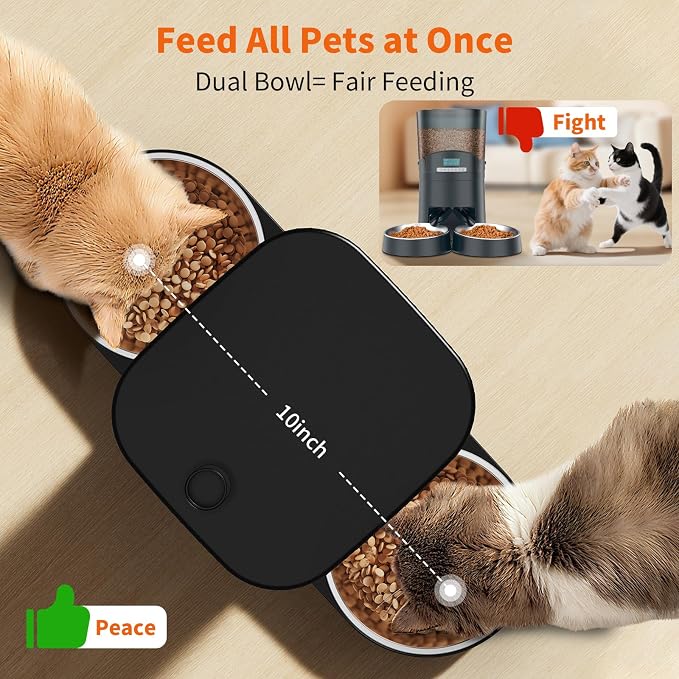 HoneyGuaridan Automatic Cat Feeder for 2 Cats,3.5L Dual Cat Food Dispenser, 2.4G/5G WiFi APP Control for Multiple Cats,2 Stainless Steel Bowls & 2 Slow Feeder Anti-Choking Bowls, Dual Power - Image 2