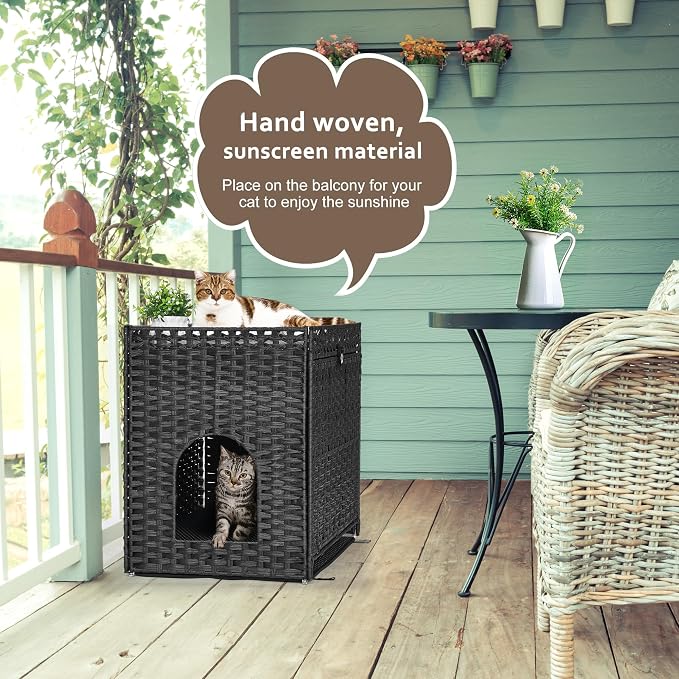 Cat Litter Box Enclosure with Door, Hidden Cat Washroom Furniture | Handwoven PP Wicker; Soft Litter Mat Included; Spacious Interior; Furniture-Style Design; Indoor Home Décor - Image 2