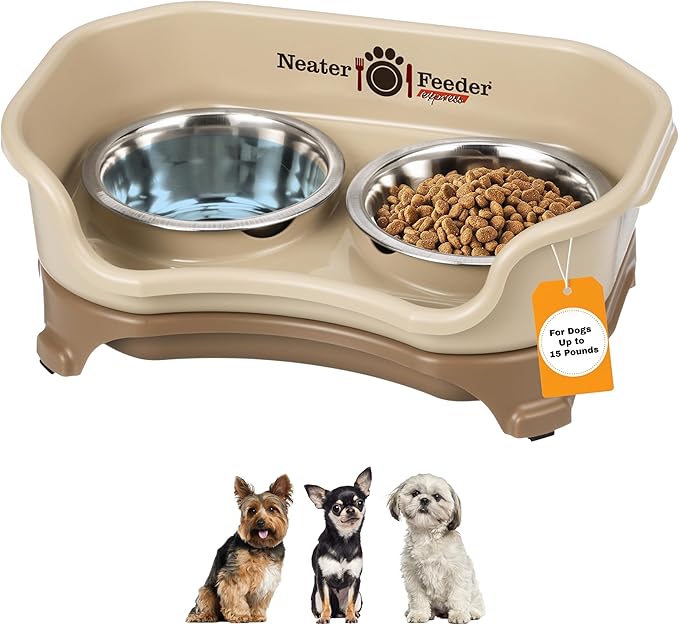 Neater Feeder Express Mess Proof Dog Bowls Elevated for Small Breeds under 15 Lb, Made in USA, No Spill Raised Dog Food Bowl Stand, Stainless Steel Food and Water Bowl Set, Feeding Station, Cappuccino by NeaterPets
