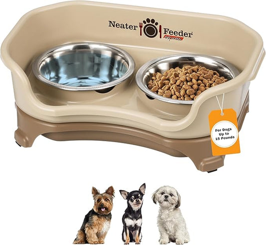 Neater Feeder Express Mess Proof Dog Bowls Elevated for Small Breeds under 15 Lb, Made in USA, No Spill Raised Dog Food Bowl Stand, Stainless Steel Food and Water Bowl Set, Feeding Station, Cappuccino by NeaterPets