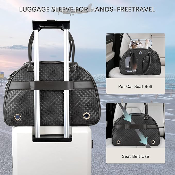 Stylish Luxury Dog Carrier Purse for Small Dogs, Ventilated Pet Soft-Sided Dog Cat Carrier Travel Tote Bag for Puppies Small Animals with Pockets (Black, 16.9inch x 9inch x 11.8inch(LxWxH))