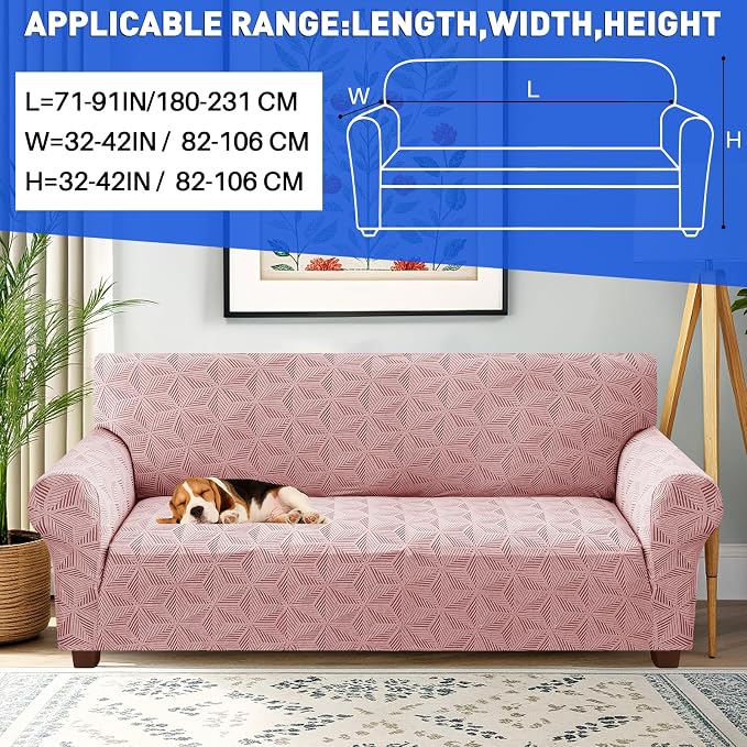 YEMYHOM 1 Piece Stretch Couch Covers for 3 Cushion Couch, Jacquard Sofa Cover with Non-Slip Elastic Bottom, Thickened Slipcover Furniture Protector for Dogs Pets (Large, Pink） - Image 2