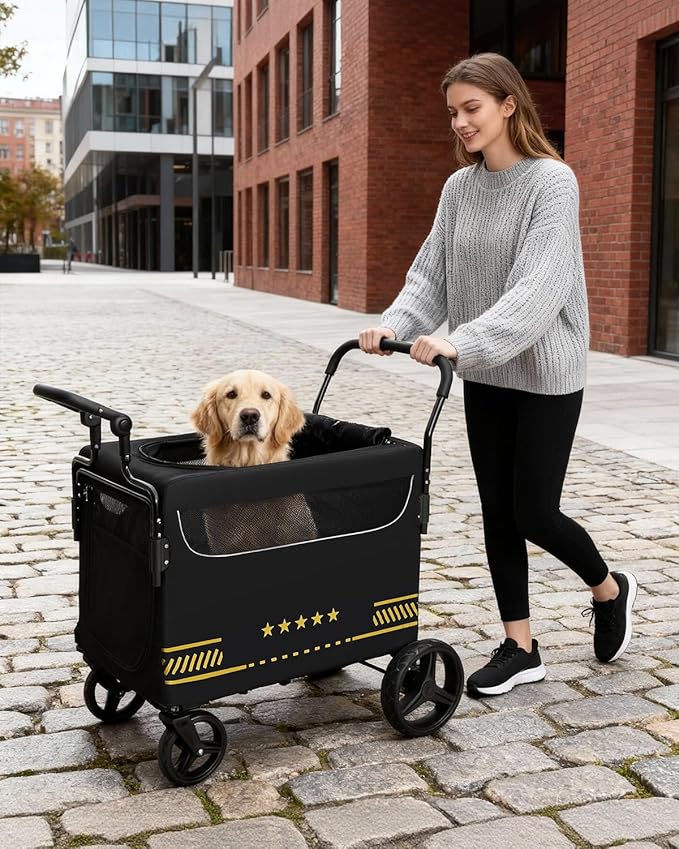 All Terrain Pet Stroller for Medium & Large Dogs with Ramp, Foldable Dog Stroller with Brakes, 3 Entrances, Dual Adjustable Handles with Reversible Push, 160lbs Weight Capacity