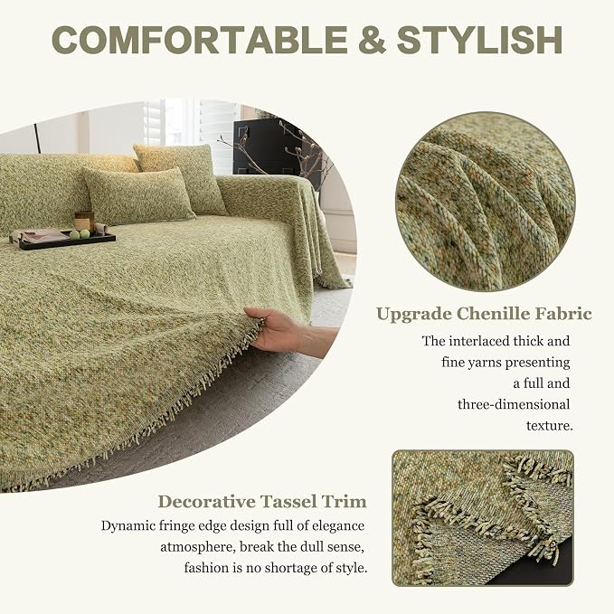Chenille Couch Cover Blanket Vintage Minimalist Sofa Cover 71"x150" | Speckled Heathered Yarn Woven, Thick Soft Washable Furniture Protector, Fit 3 Cushion Couch & Sectional, Sage Green - Image 3
