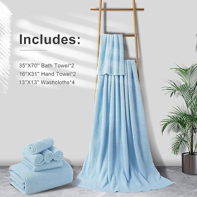 8-Piece Bath Towel Set, 2 Extra Large Bath Towel Sheets, 2 Hand Towels and 4 Washcloths - Highly Absorbent Quick Dry Microfiber,Ultra Soft Towel Set for Bathroom, Waffle Weave Design, Pack of 8(Blue) - Image 4