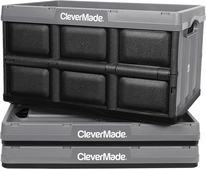 CleverMade Collapsible Storage Bins, 46L, 3 Pack, Stone | Each bin supports 75 lb for groceries, tools, or gear. Interlocking bases stack securely, and the bins fold to 2.75 inches. - Image 9