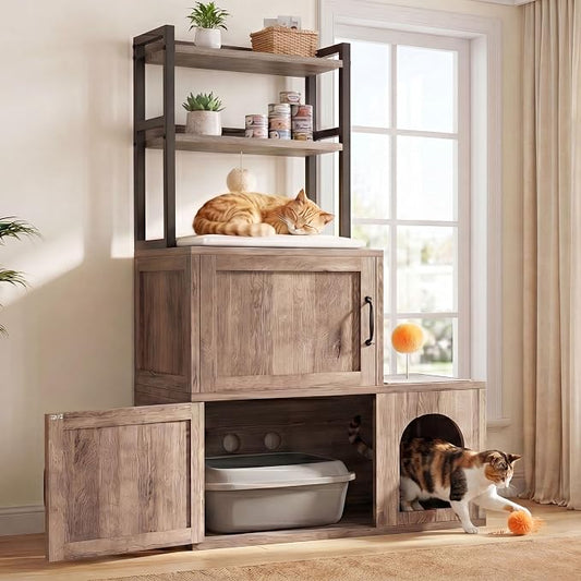 Heybly Cat Litter Box Enclosure Furniture, Double Hidden Litter Box Cabinet with Cat Tree, Large Litter Box Enclosure with Shelves & Storage, Cat House for 2 Cats, Cat Box Enclosure, Greige HCLB002SG by HEYBLY