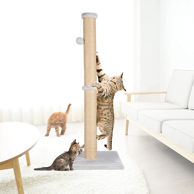 FluffyDream 37'' Cat Scratching Post, Natural Sisal Rope Scratcher with Dangling Teaser Ball and Covered with Soft Plush for Kittens and Adult Cats, Sand Color - Image 7