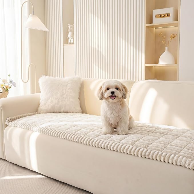 MEETSKY Cream Couch Cover for Dogs, Pet Small Couch Covers for Sofa, Thick Soft Dog Bed Cover Non-Slip Washable Couch Covers for 2 Cushion Couch Sofa Pet Friendly, 27.6" x 59" by MEETSKY