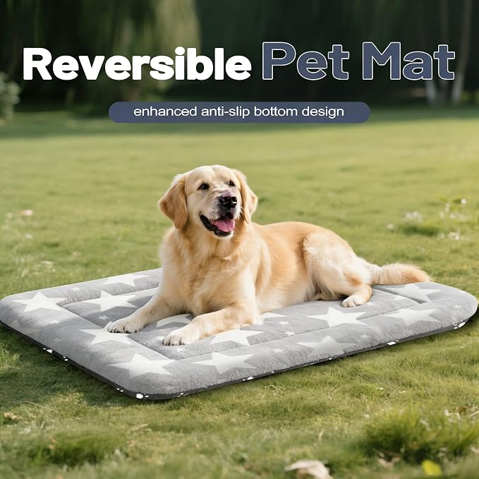 Dog Bed Mat, Reversible Dog Crate Pad with Washable Kennel Mat and Soft Foam, Pet Bed for Dogs & Cats, for Crates Carriers & Travel(Big&Small Stars Grey, 35" L*23" W*1.5" Th) - Image 4