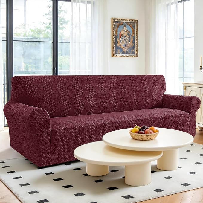 Stretch Sofa Cover Non-Slip Washable Furniture Protector | Stretch, 91"-110".Soft, Non Skid Foam, Elastic Bottom, Machine Washable, for Kids & Pets, Couch & Sofa, Wine Red - Image 2